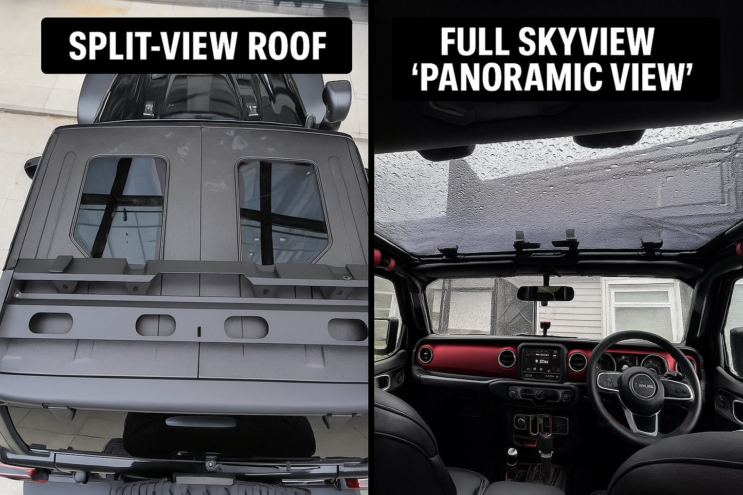 JEEP Panoramic Glass Roof Upgrade – Fits JK, JL, & JT Gladiator | Full Skyview or Split View Options | Installed FREE in DFW by DIRT ROAD TRUKFITTERS™