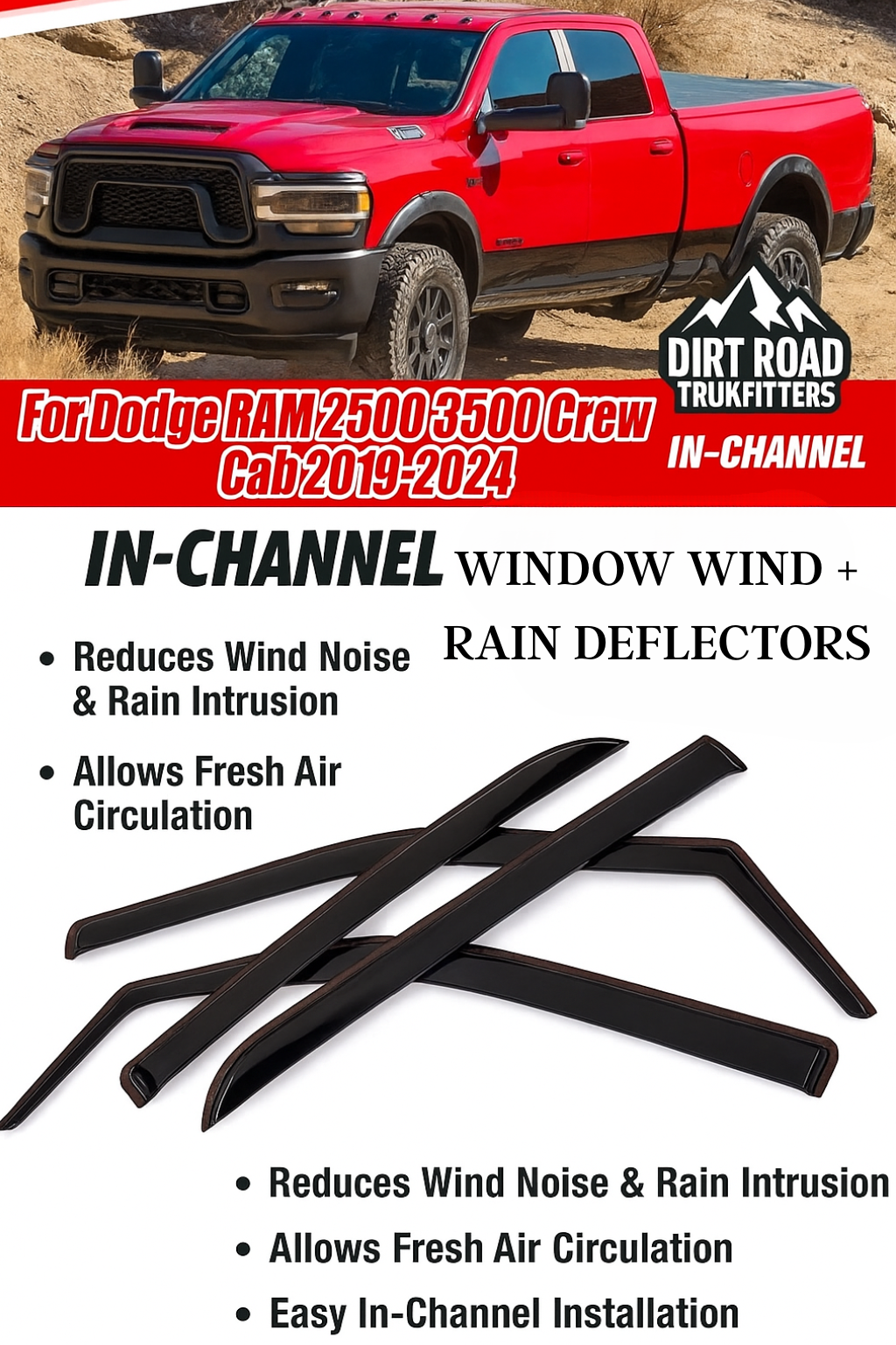 In-Channel Window Vent Visors for RAM 2500 / 3500 Crew Cab (2019–2024) | Smoke-Tinted | Wind & Rain Deflectors | FREE Install DFW or Fast Nationwide Shipping