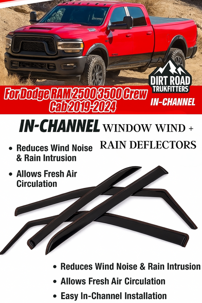 In-Channel Window Vent Visors for RAM 2500 / 3500 Crew Cab (2019–2024) | Smoke-Tinted | Wind & Rain Deflectors | FREE Install DFW or Fast Nationwide Shipping