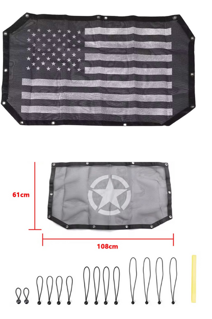 Jeep Gladiator & Wrangler AMERICAN FLAG Sunshade Mesh Roof Panel | U.S. Flag & Tactical Designs | UV Block | Fits 2007–2024 JKJeep Gladiator & Wrangler Sunshade Mesh Roof Panel | U.S. Flag & Tactical Designs | UV Block | Fits 2007–2024 JK JL JT |