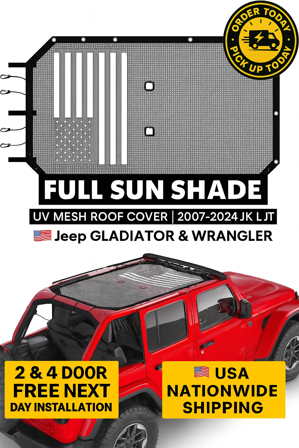 Jeep Gladiator & Wrangler Sunshade Mesh Roof Panel | U.S. Flag & Tactical Designs | UV Block | Fits 2007–2024 JKJeep Gladiator & Wrangler Sunshade Mesh Roof Panel | U.S. Flag & Tactical Designs | UV Block | Fits 2007–2024 JK JL JT | DIRT ROAD TRUKFITTERS™