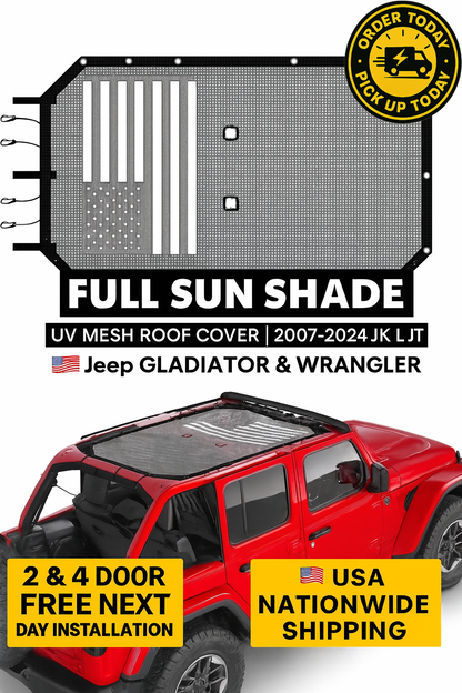 Jeep Gladiator & Wrangler Sunshade Mesh Roof Panel | U.S. Flag & Tactical Designs | UV Block | Fits 2007–2024 JKJeep Gladiator & Wrangler Sunshade Mesh Roof Panel | U.S. Flag & Tactical Designs | UV Block | Fits 2007–2024 JK JL JT | DIRT ROAD TRUKFITTERS™