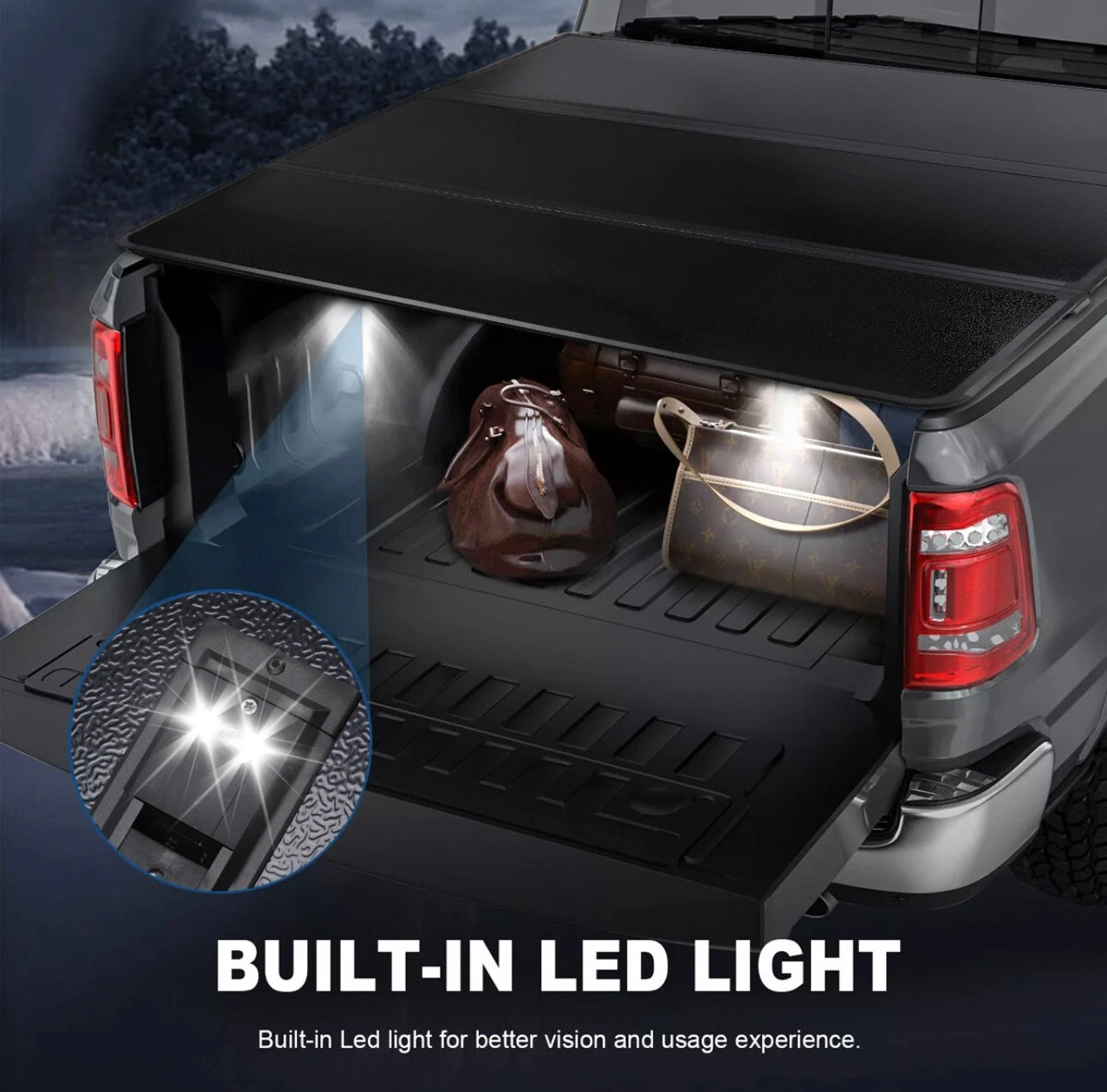 Truck bed cover with built-in LED lights for better vision and usage experience sold and installed by otsbedlinersdfw near Mckinney and dallas/ftworth, texas.