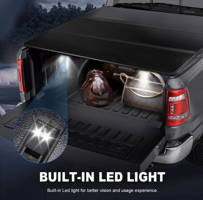 Truck bed cover with built-in LED lights for better vision and usage experience sold and installed by otsbedlinersdfw near Mckinney and dallas/ftworth, texas.