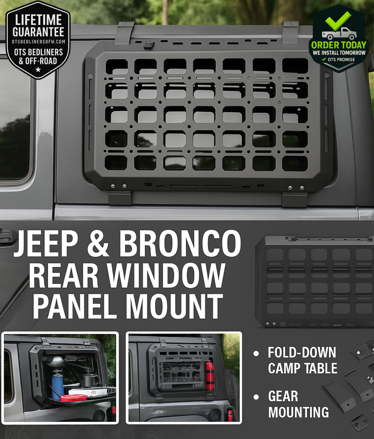 Jeep & Bronco Rear Window MOLLE Panel Mount – Fits Gas/Water Tank Attachments – Heavy-Duty Off-Road Storage Panel | OTSBedlinersDFW