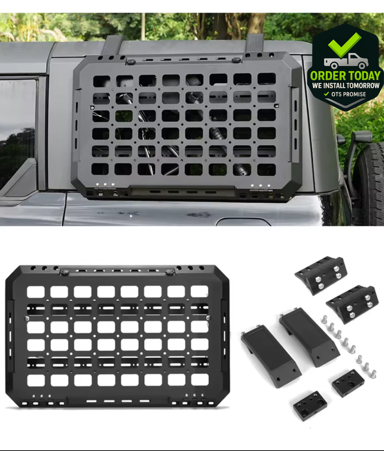 Jeep & Bronco Rear Window MOLLE Panel Mount – Fits Gas/Water Tank Attachments – Heavy-Duty Off-Road Storage Panel | OTSBedlinersDFW