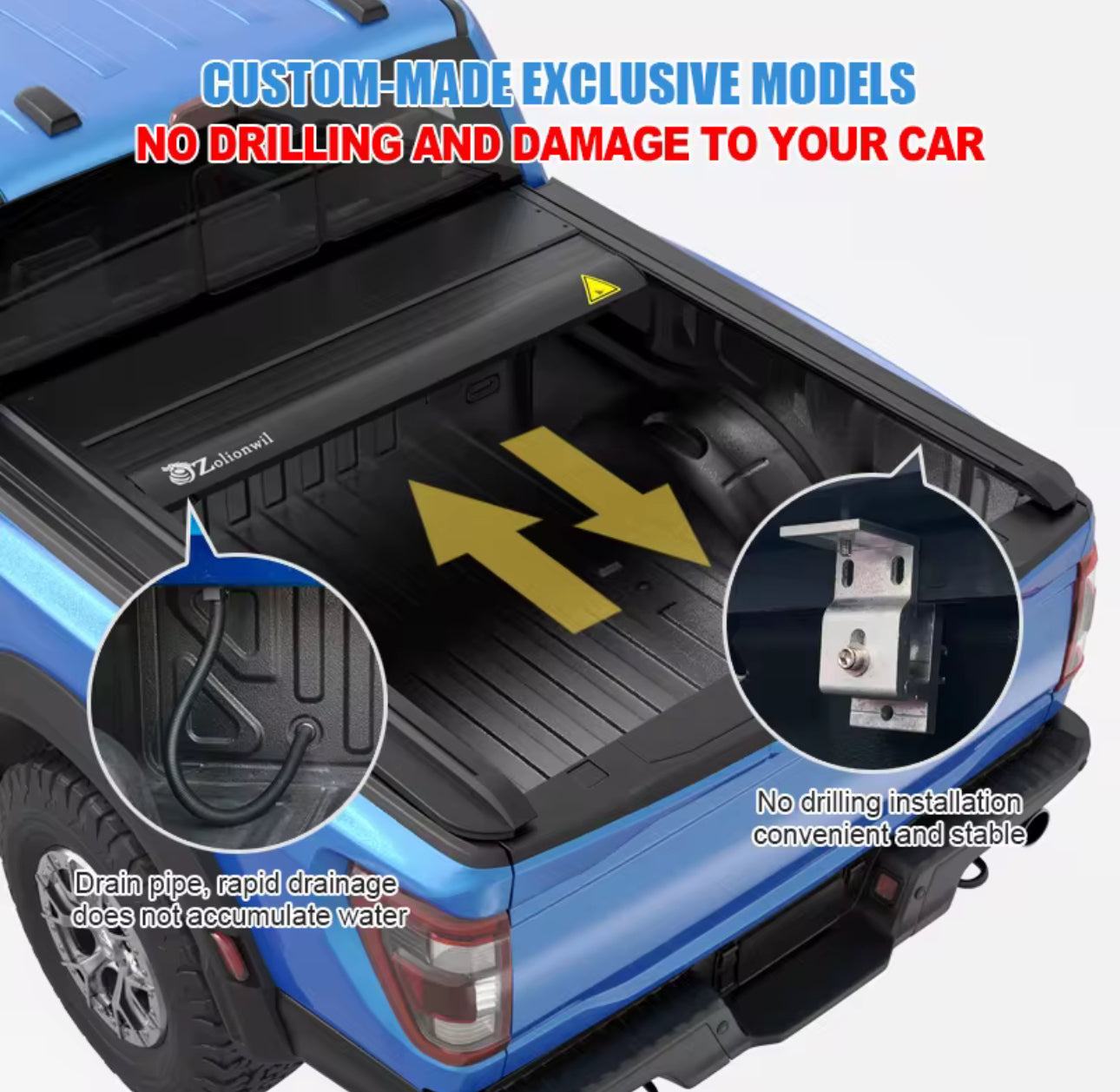 Truck bed cover with drainage system and installation details on a blue truck